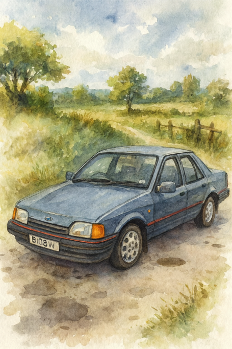 A blue vintage car parked on a dirt road with a grassy landscape and cloudy sky.